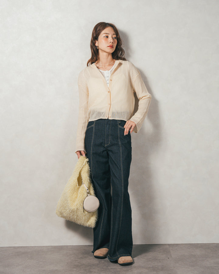 ［SET］フレアスリーブラメリブカーデ+センターシーム リラックスカラーデニム（2SET）