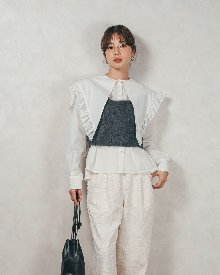 ［SET］2WAYビッグフリルカラーブラウス+モヘアタッチKnitビスチェ+フリンジジャガードリラックスパンツ（3SET）