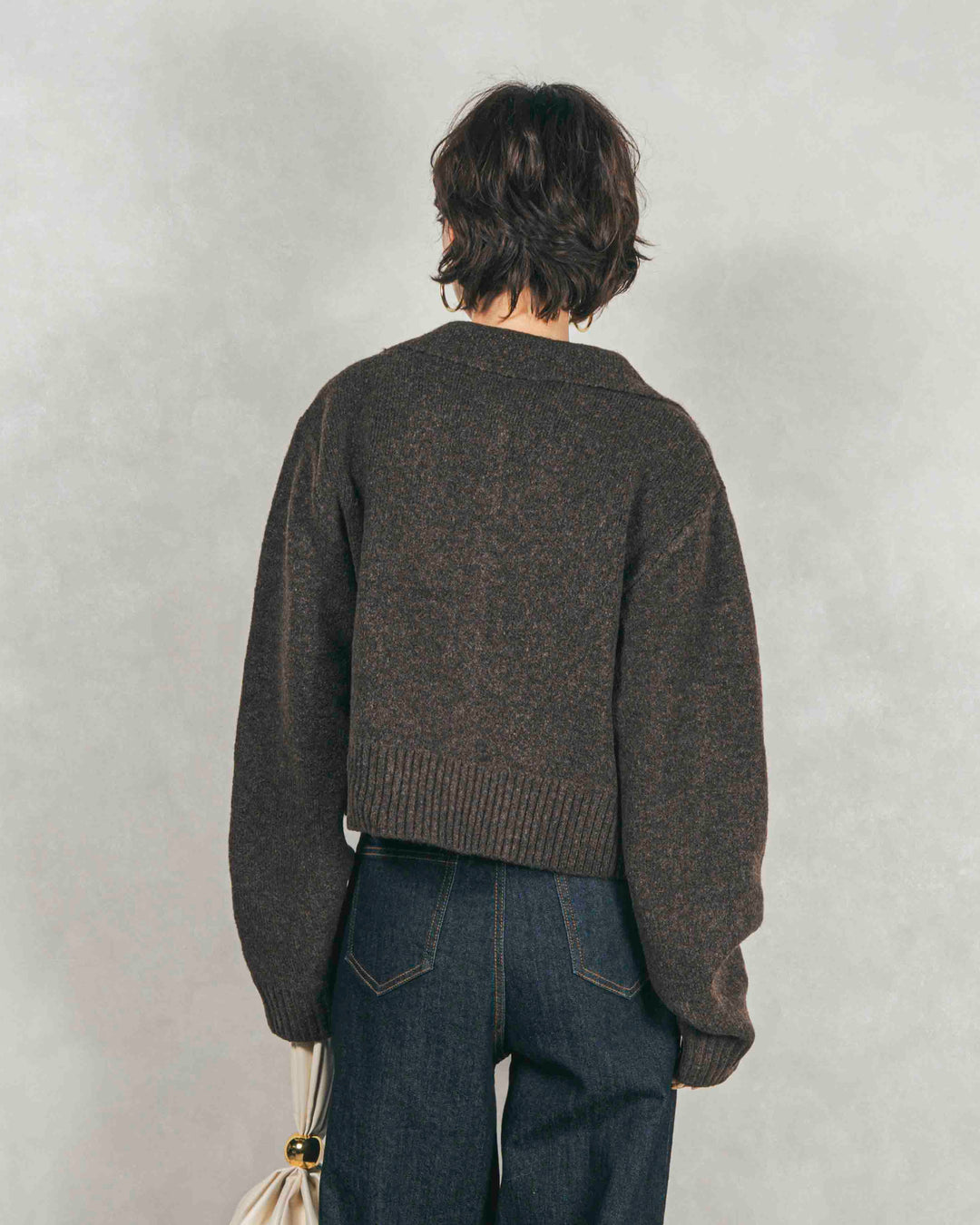 ［SET］Cloudyメランジ襟付きカーディガン+Cloudyメランジクロップドベスト+センターシーム リラックスワイドデニム（3SET）