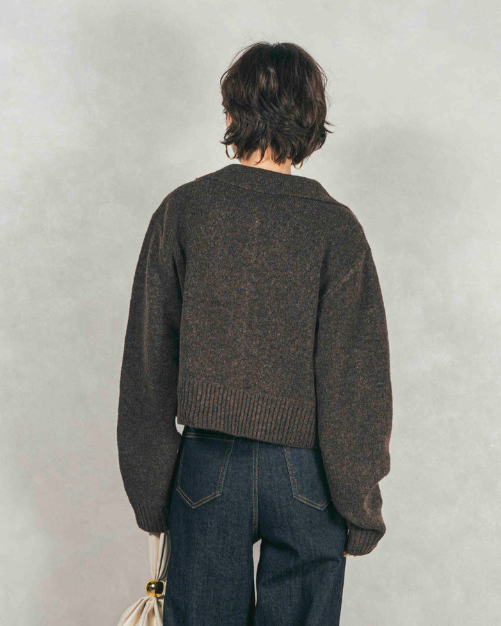 ［SET］Cloudyメランジ襟付きカーディガン+Cloudyメランジクロップドベスト+センターシーム リラックスワイドデニム（3SET）