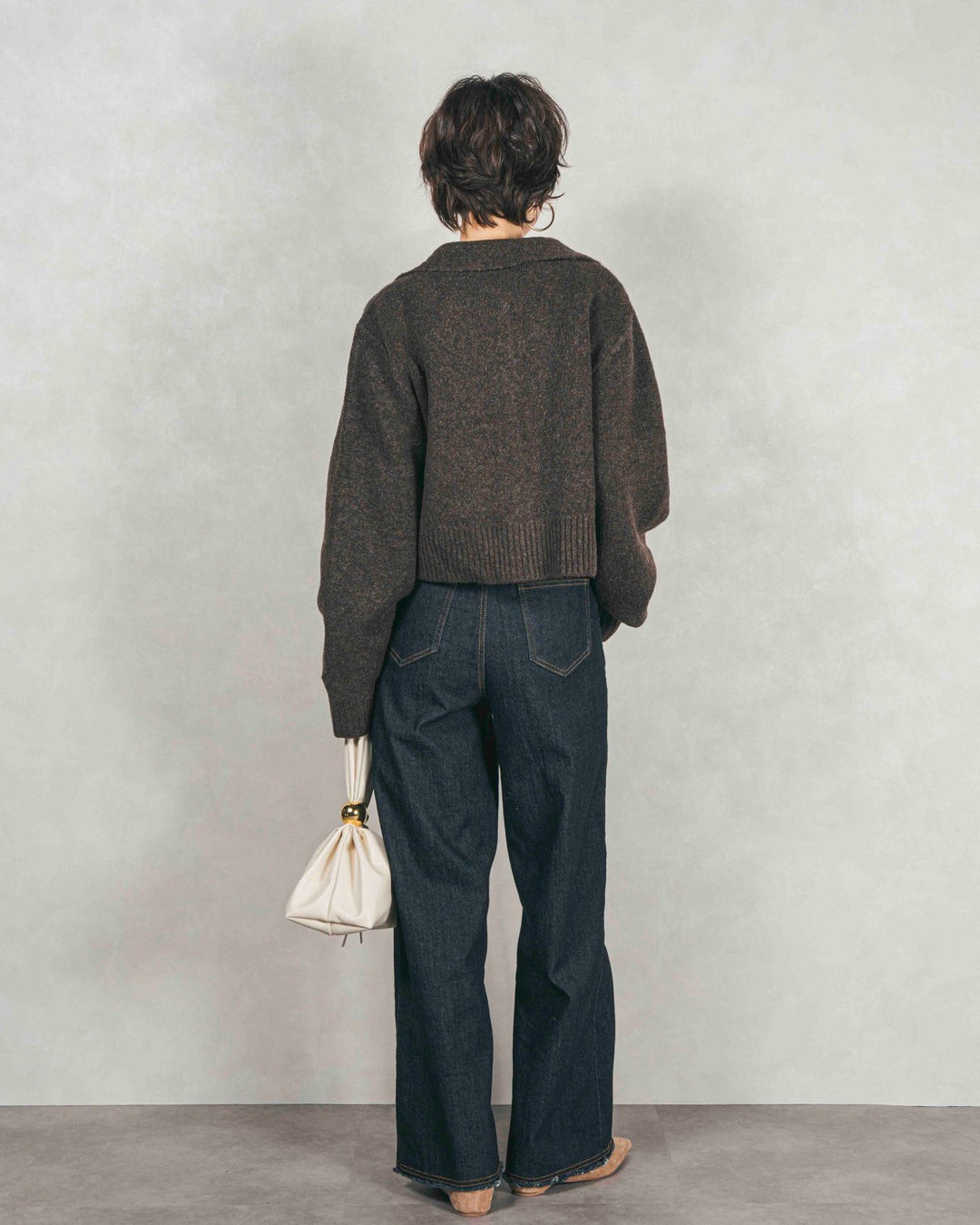 ［SET］Cloudyメランジ襟付きカーディガン+Cloudyメランジクロップドベスト+センターシーム リラックスワイドデニム（3SET）
