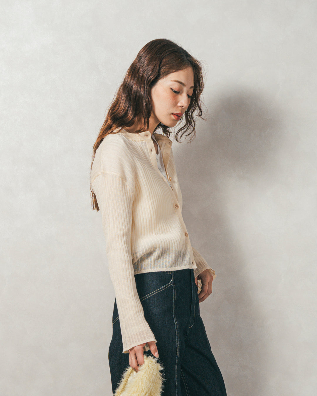 ［SET］フレアスリーブラメリブカーデ+センターシーム リラックスカラーデニム（2SET）