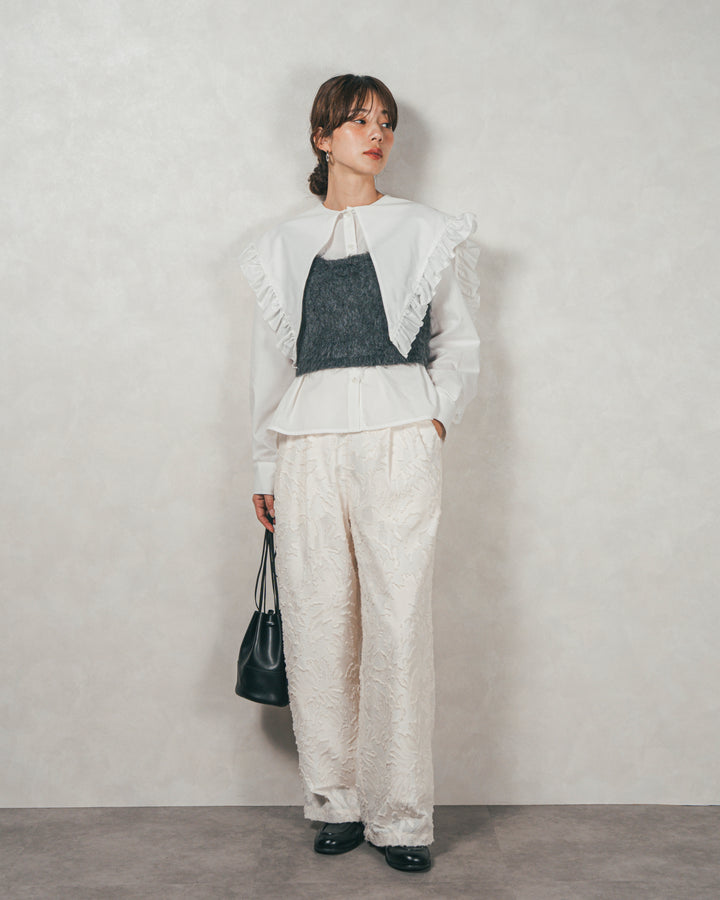 ［SET］2WAYビッグフリルカラーブラウス+モヘアタッチKnitビスチェ+フリンジジャガードリラックスパンツ（3SET）