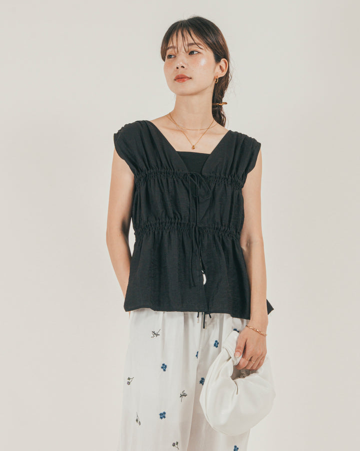 ［SET］リネンタッチShirringリボンブラウス + Flower刺繍リラックスパンツ（2SET）