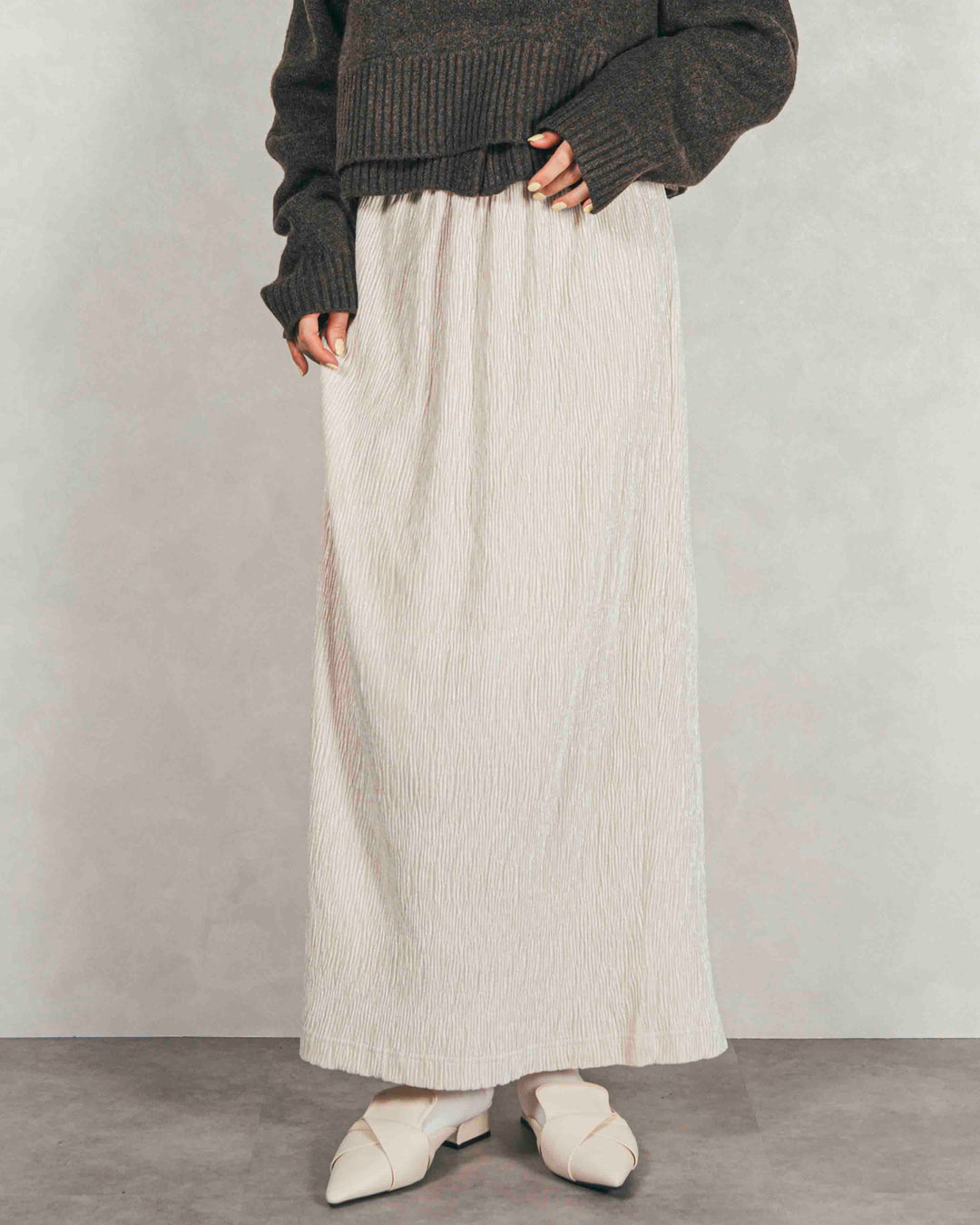 ［SET］Cloudyメランジ襟付きカーディガン+Cloudyメランジクロップドベスト+ベロアNarrowスカート（3SET）