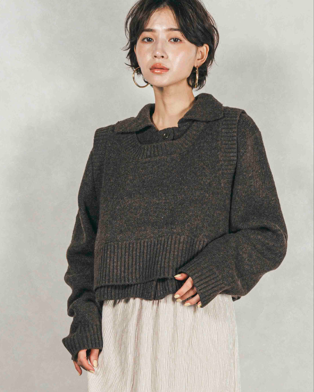 Cloudyメランジクロップドベスト (BROWN)