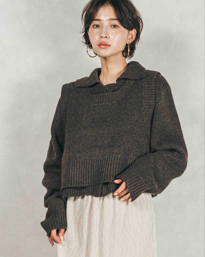 Cloudyメランジクロップドベスト (BROWN)