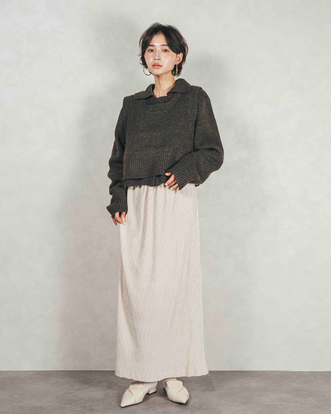 ［SET］Cloudyメランジ襟付きカーディガン+Cloudyメランジクロップドベスト+ベロアNarrowスカート（3SET）