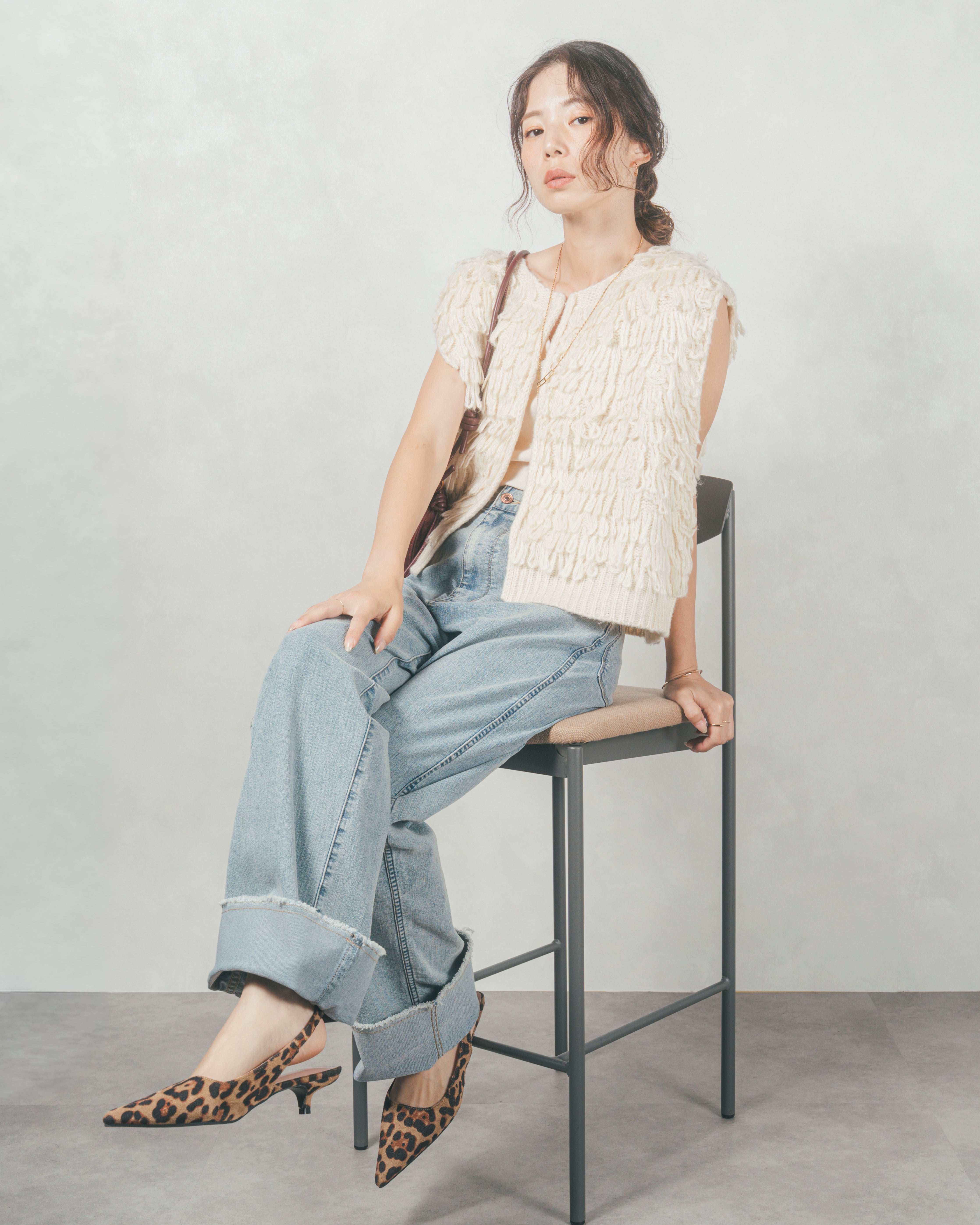 SET］ループ編みフリンジニットベスト+アジャストロールアップ