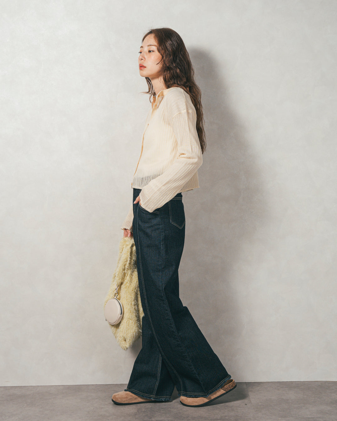 ［SET］フレアスリーブラメリブカーデ+センターシーム リラックスカラーデニム（2SET）