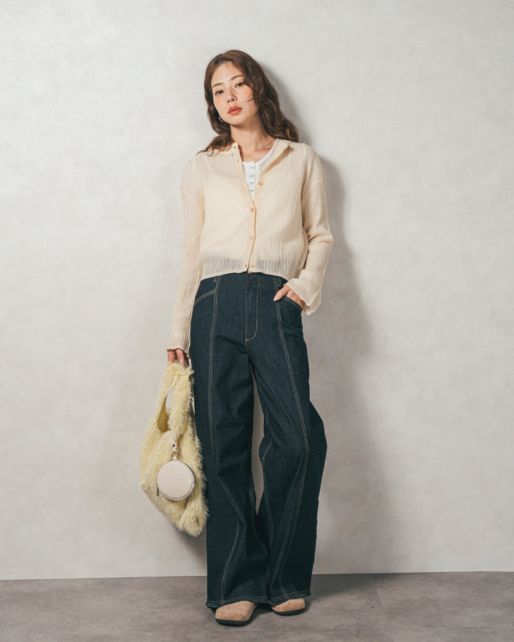 ［SET］フレアスリーブラメリブカーデ+センターシーム リラックスカラーデニム（2SET）