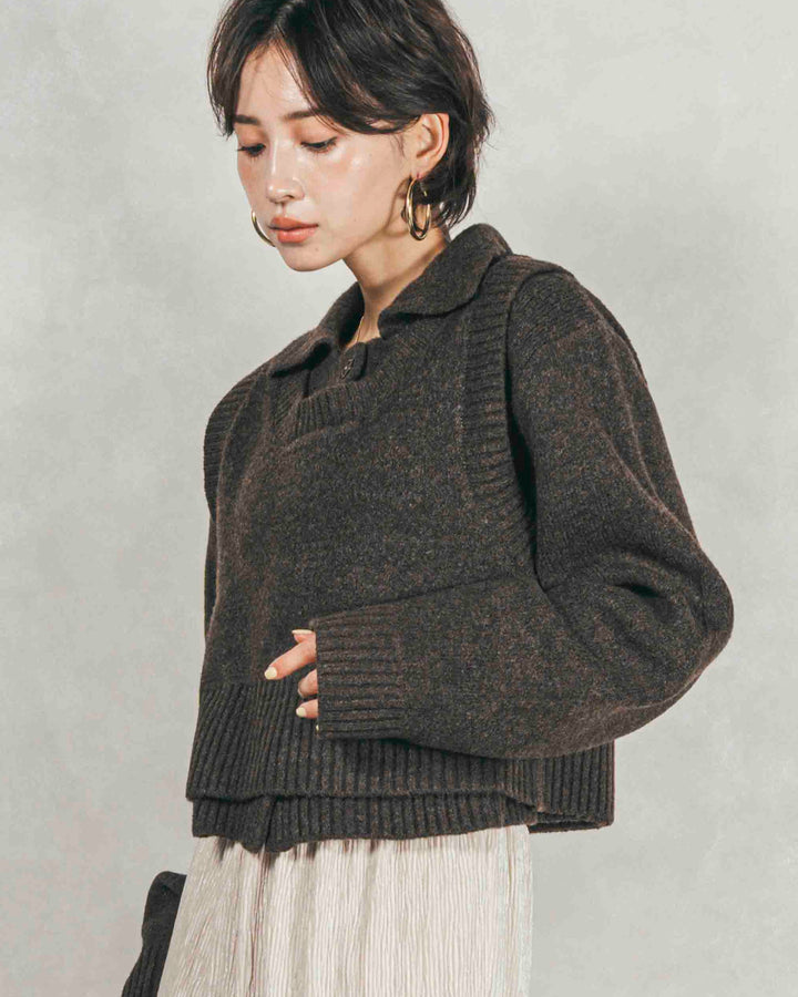 Cloudyメランジクロップドベスト (BROWN)