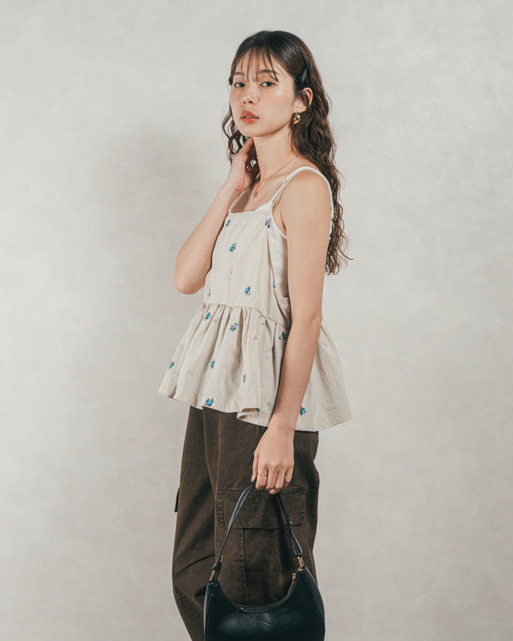 ［SET］Flower刺繍　ボリュームキャミ + ピグメントツイルカーゴパンツ（2SET）