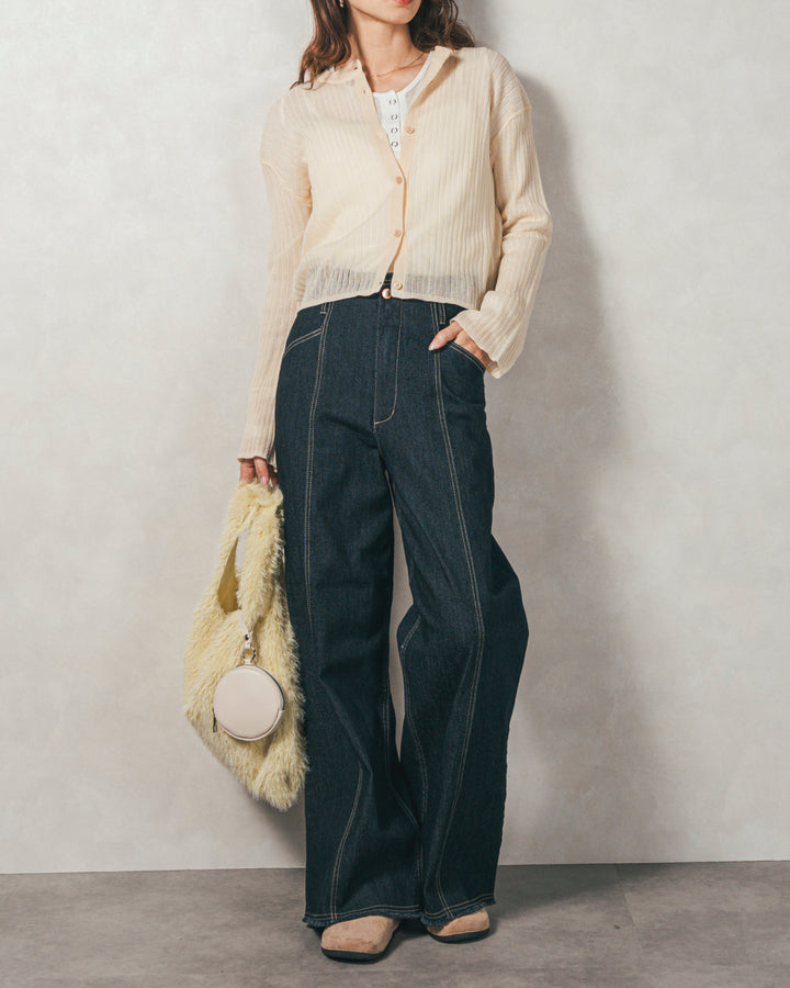 ［SET］フレアスリーブラメリブカーデ+センターシーム リラックスカラーデニム（2SET）