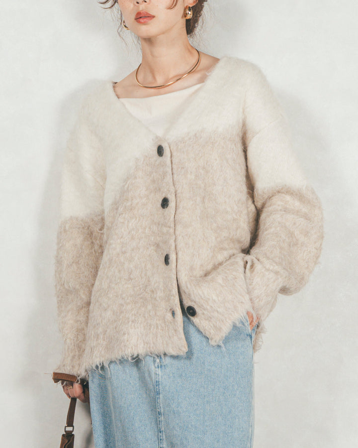 Airyフェザー ニットカーディガン (BEIGE×WHITE)