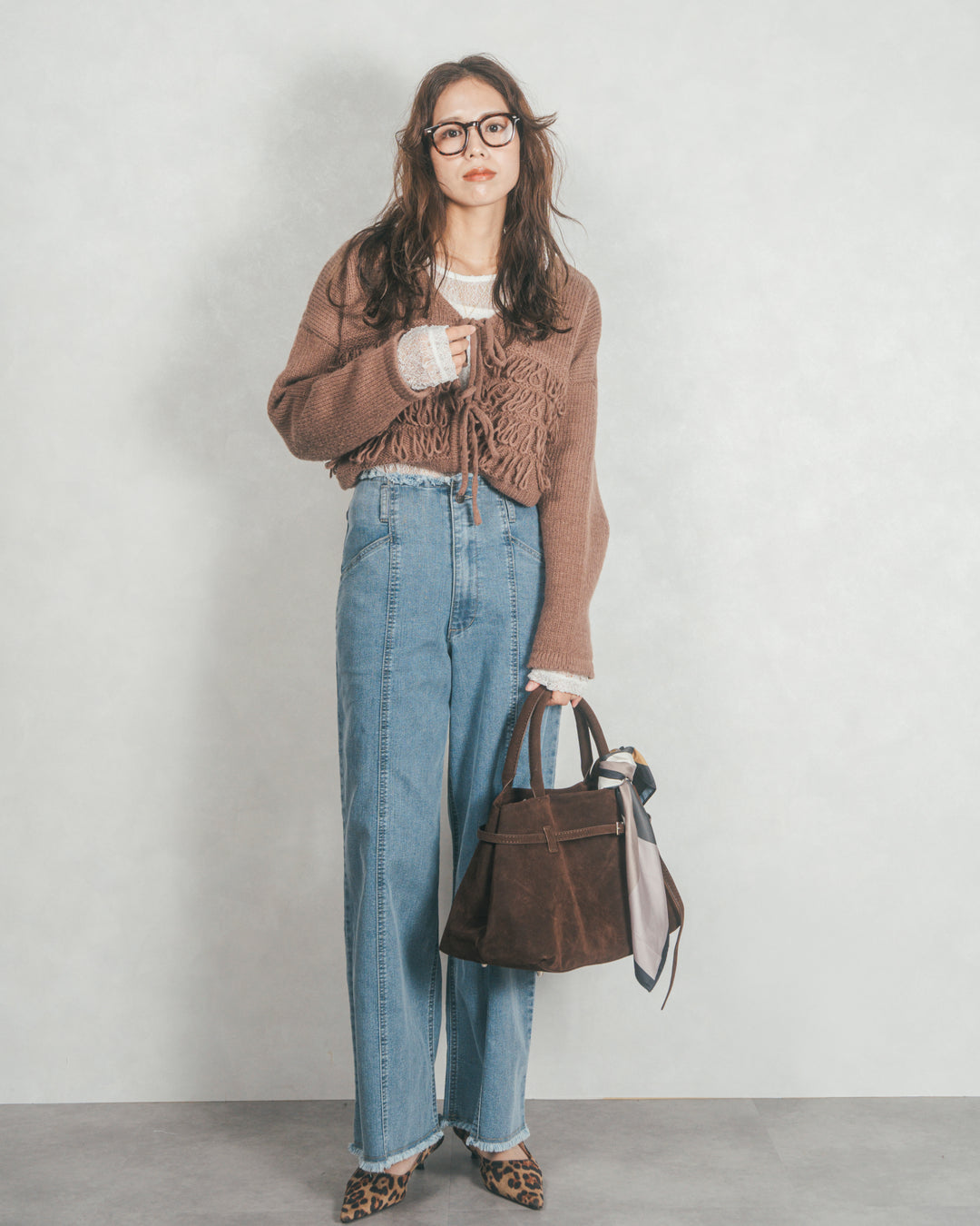 ［SET］ループ編みフリンジカーディガン+センターシーム リラックスワイドデニム（2SET）