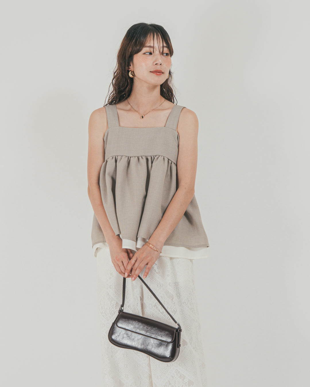 ［SET］スラブTweedバイカラーティアードキャミ + Blockレース　ストレートパンツ（2SET）