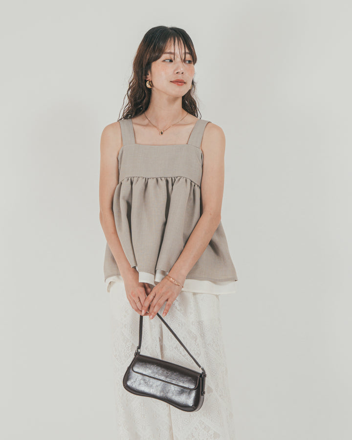 ［SET］スラブTweedバイカラーティアードキャミ + Blockレース　ストレートパンツ（2SET）