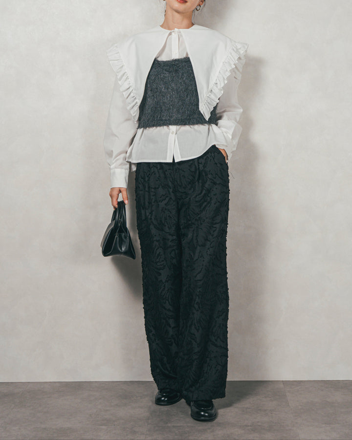 ［SET］2WAYビッグフリルカラーブラウス+モヘアタッチKnitビスチェ+フリンジジャガードリラックスパンツ（3SET）