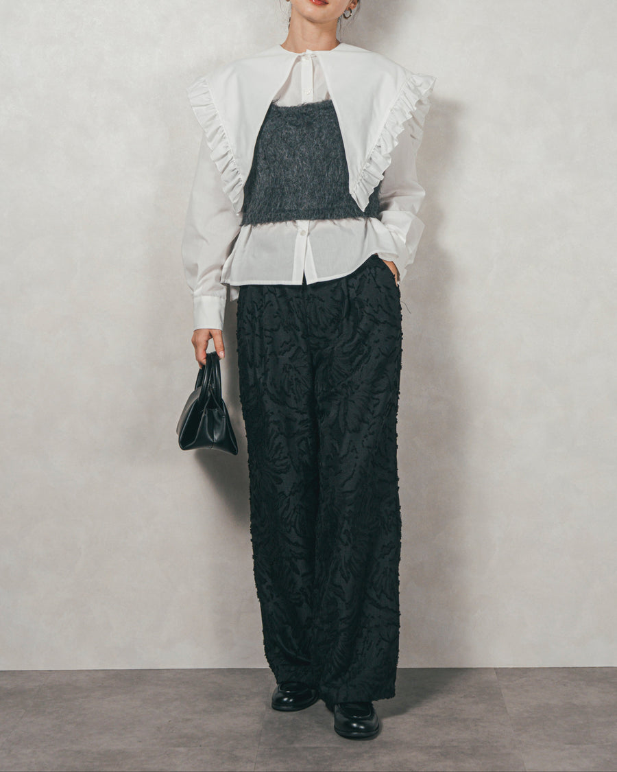 ［SET］2WAYビッグフリルカラーブラウス+モヘアタッチKnitビスチェ+フリンジジャガードリラックスパンツ（3SET）