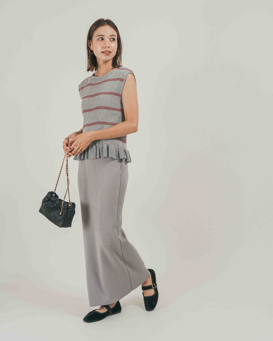 ［SET］Rib Border フリルニット + Relax Knit ストレートスカート（2SET）