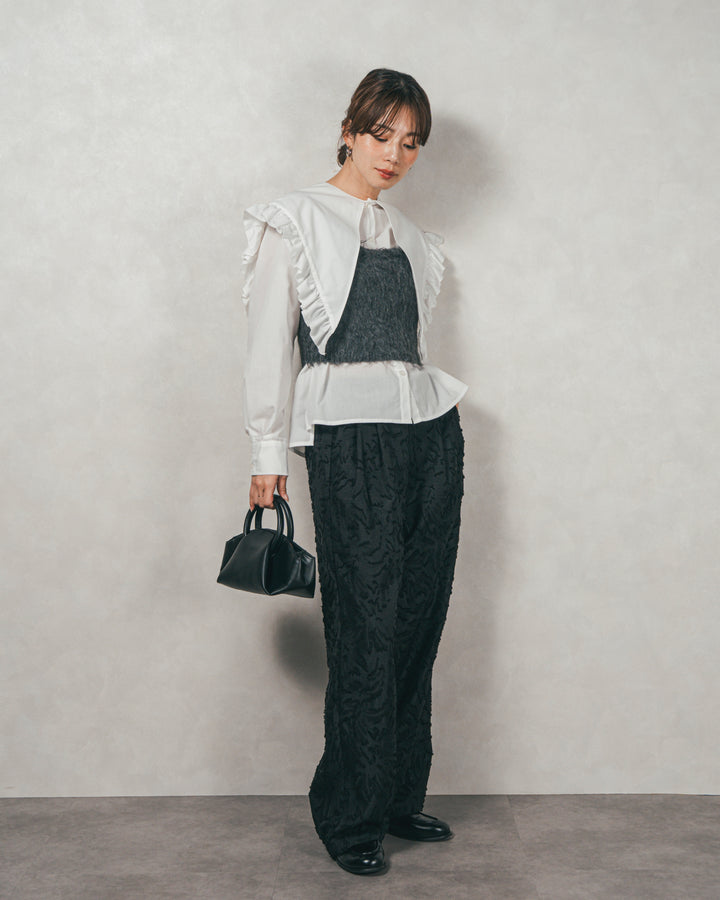 ［SET］2WAYビッグフリルカラーブラウス+モヘアタッチKnitビスチェ+フリンジジャガードリラックスパンツ（3SET）