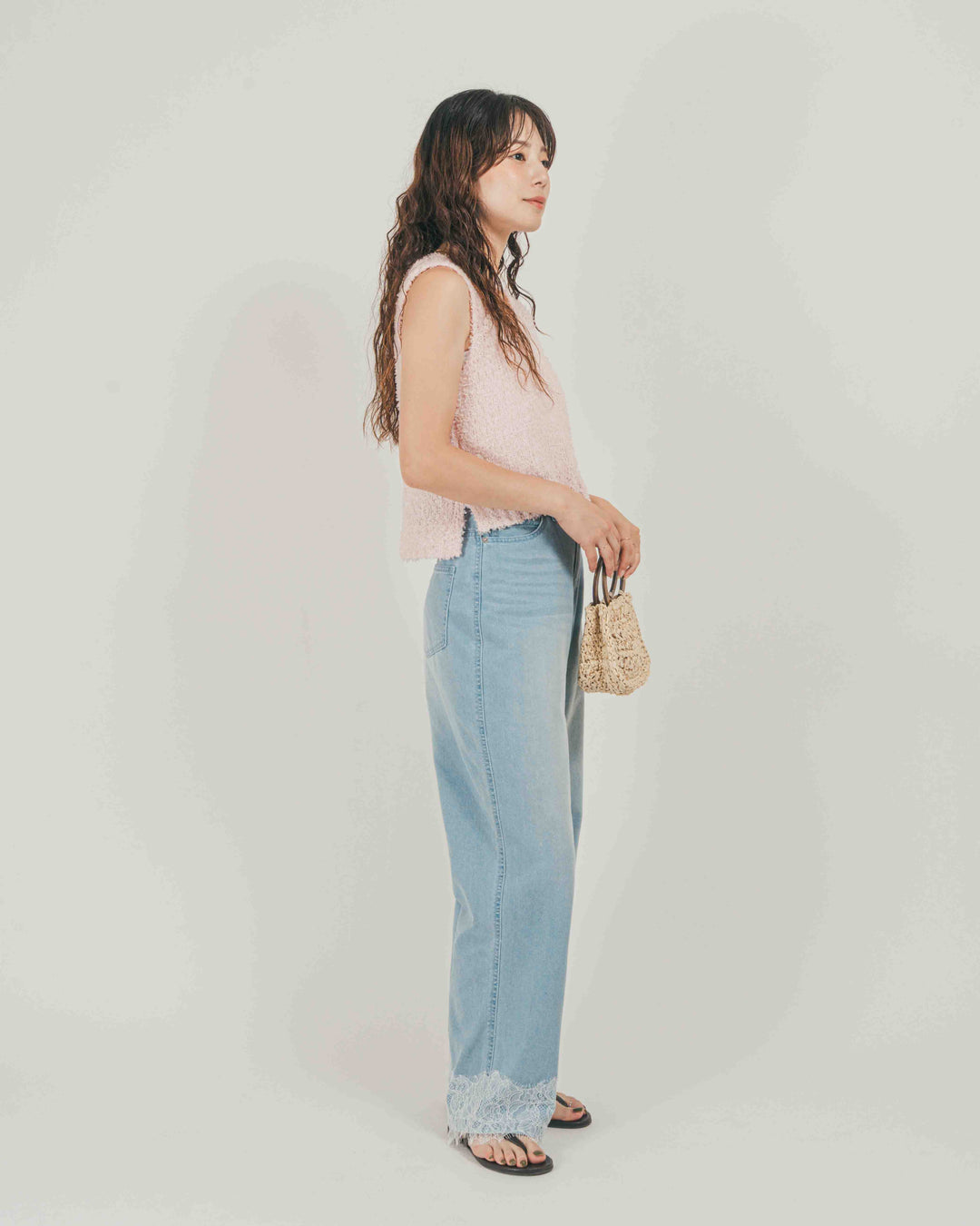 ［SET］チョウチョヤーンカラーニットベスト + 接触冷感 10oz裾レースデニム（2SET）