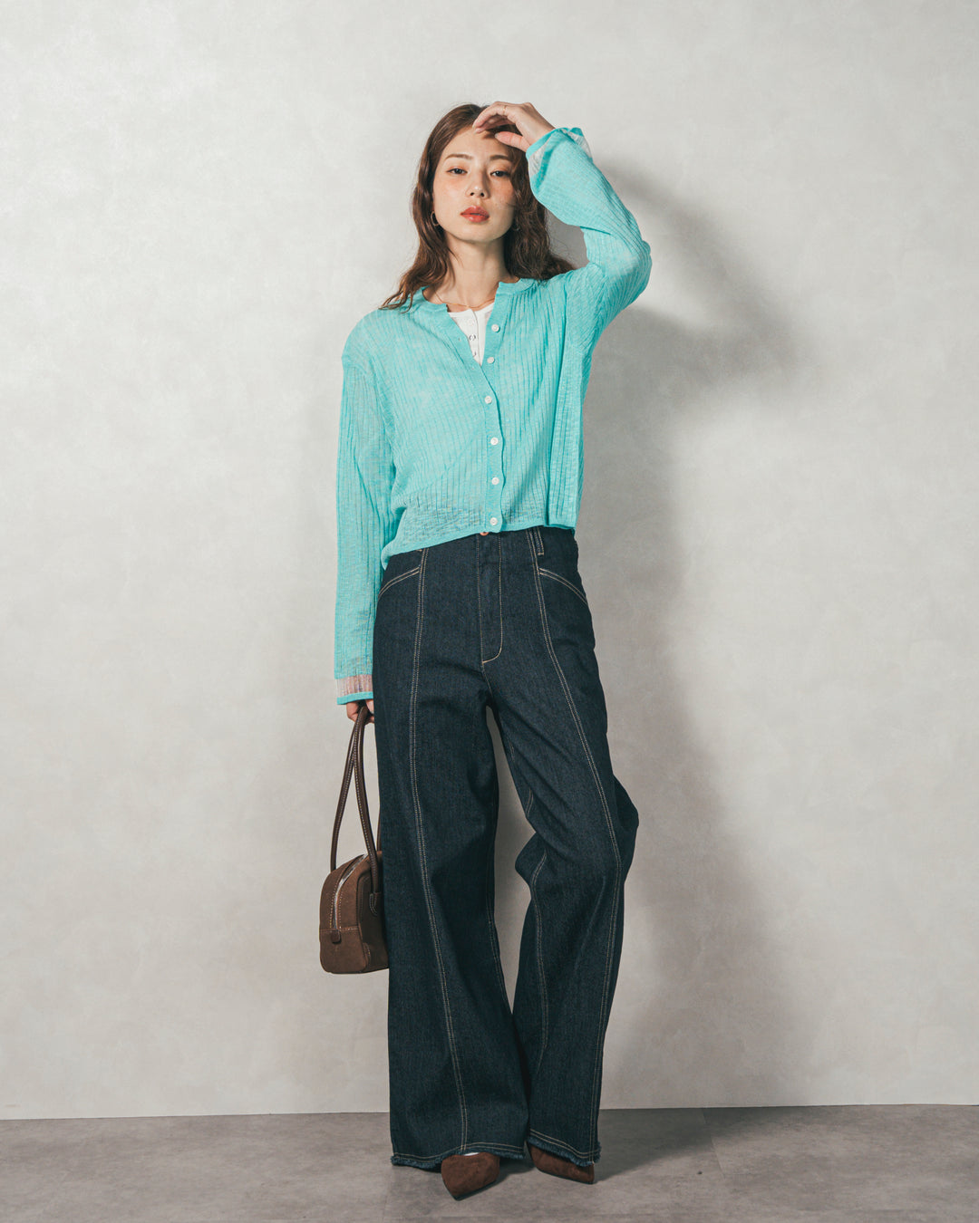 ［SET］フレアスリーブリブカーデ+センターシーム リラックスカラーデニム（2SET）