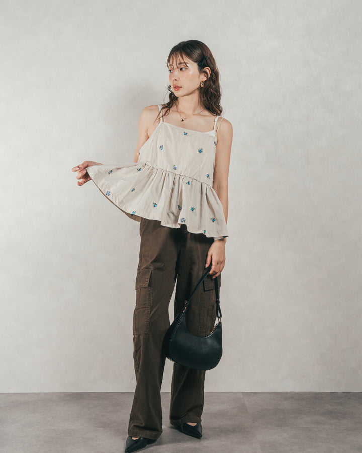 ［SET］Flower刺繍　ボリュームキャミ + ピグメントツイルカーゴパンツ（2SET）