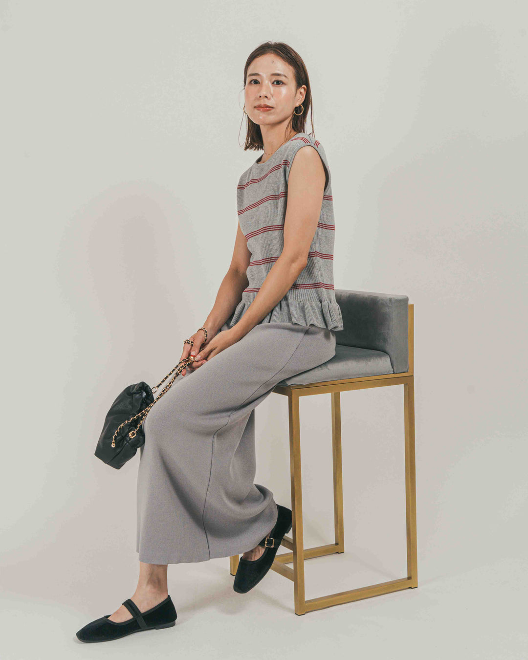 ［SET］Rib Border フリルニット + Relax Knit ストレートスカート（2SET）