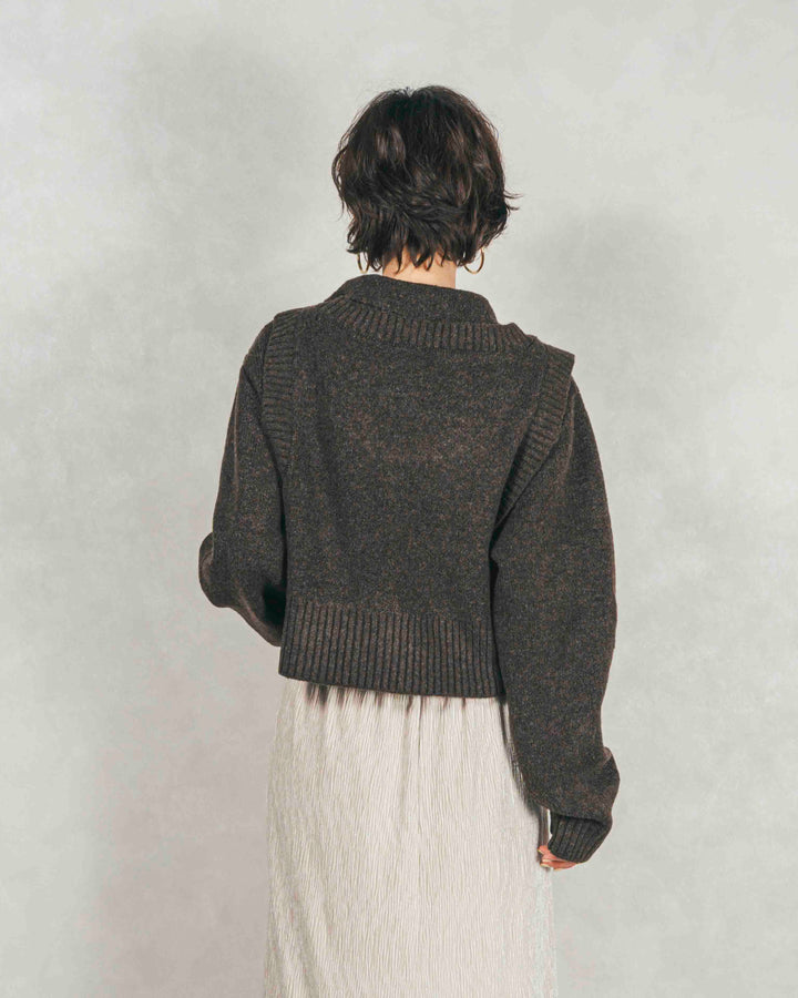 ［SET］Cloudyメランジ襟付きカーディガン+Cloudyメランジクロップドベスト+ベロアNarrowスカート（3SET）