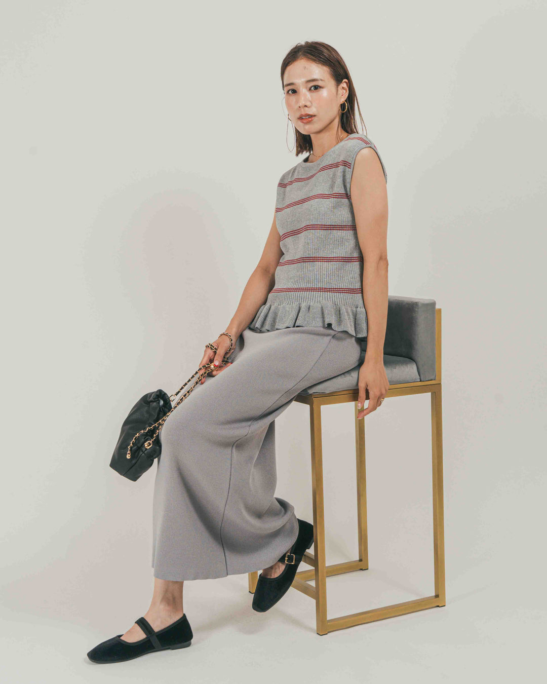 ［SET］Rib Border フリルニット + Relax Knit ストレートスカート（2SET）