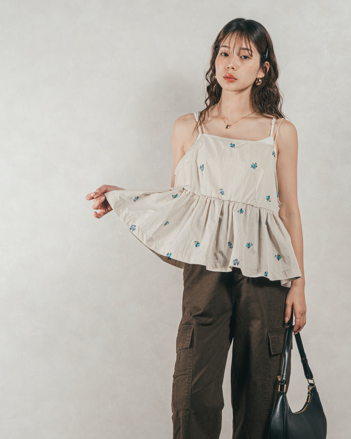 ［SET］Flower刺繍　ボリュームキャミ + ピグメントツイルカーゴパンツ（2SET）