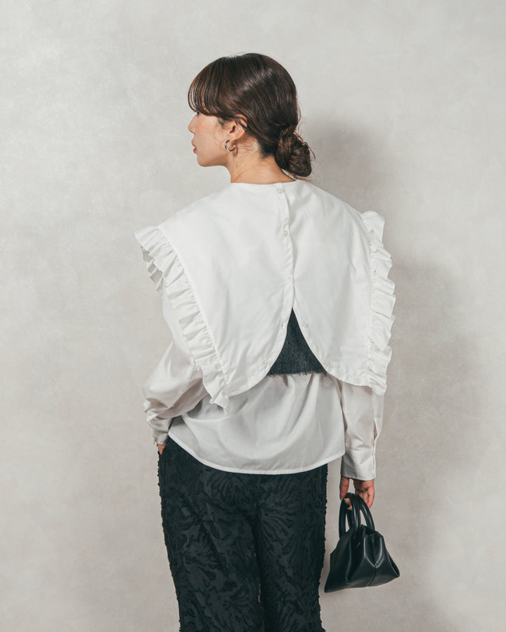 ［SET］2WAYビッグフリルカラーブラウス+モヘアタッチKnitビスチェ+フリンジジャガードリラックスパンツ（3SET）