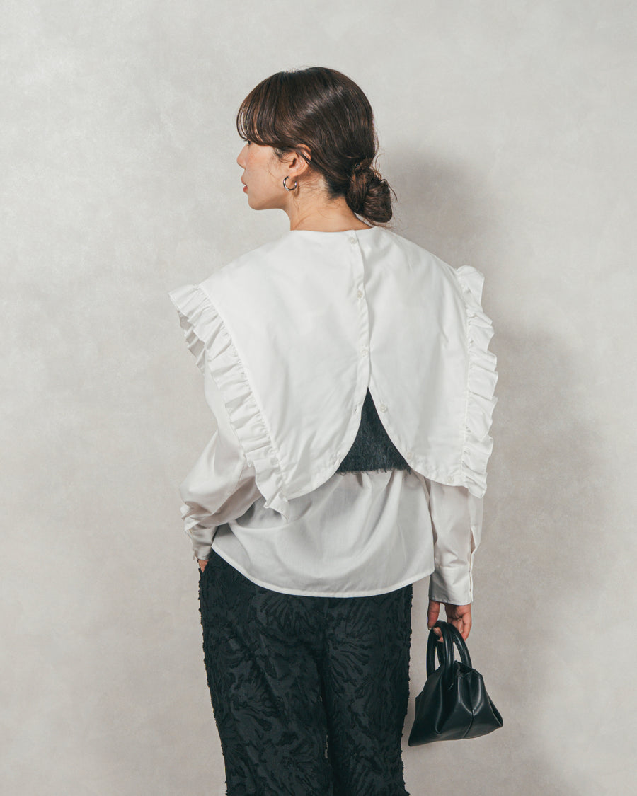 ［SET］2WAYビッグフリルカラーブラウス+モヘアタッチKnitビスチェ+フリンジジャガードリラックスパンツ（3SET）