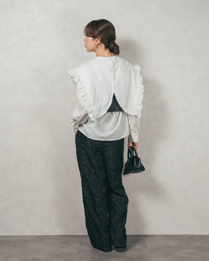 ［SET］2WAYビッグフリルカラーブラウス+モヘアタッチKnitビスチェ+フリンジジャガードリラックスパンツ（3SET）