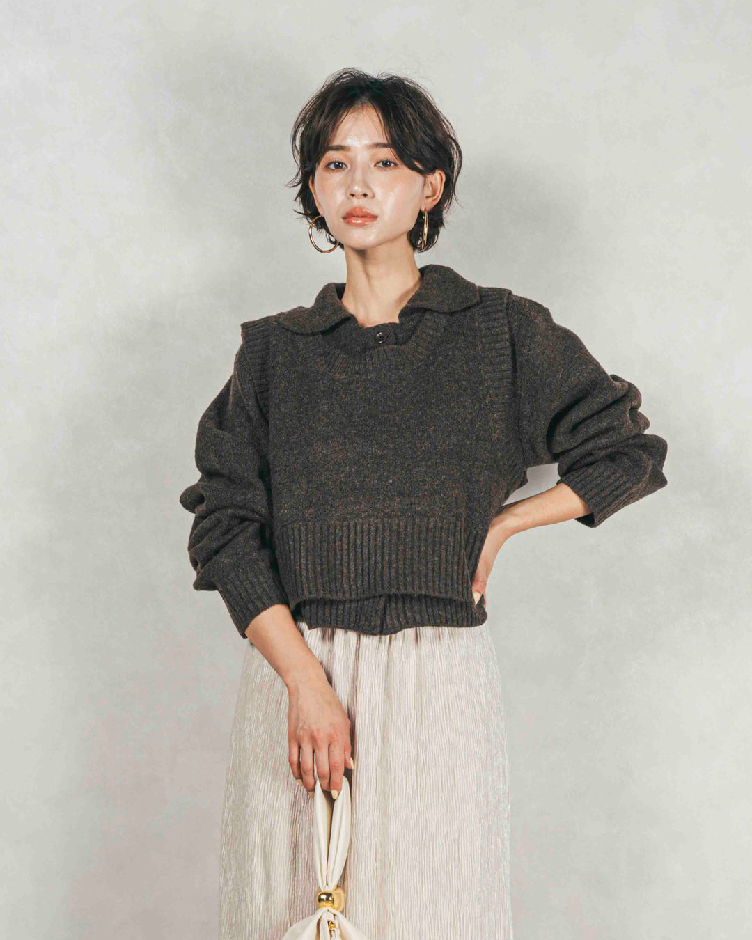 ［SET］Cloudyメランジ襟付きカーディガン+Cloudyメランジクロップドベスト+ベロアNarrowスカート（3SET）