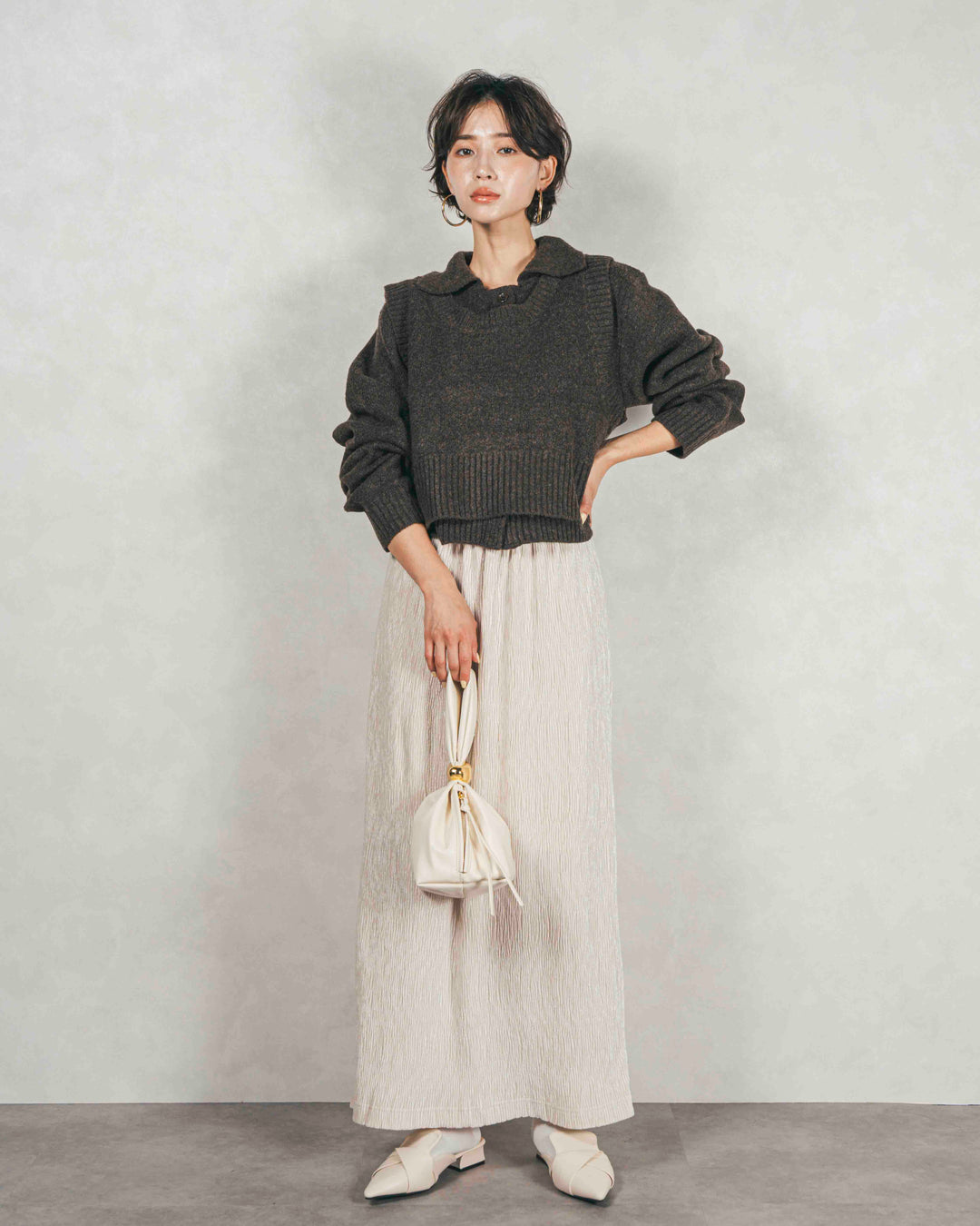 Cloudyメランジクロップドベスト (BROWN)