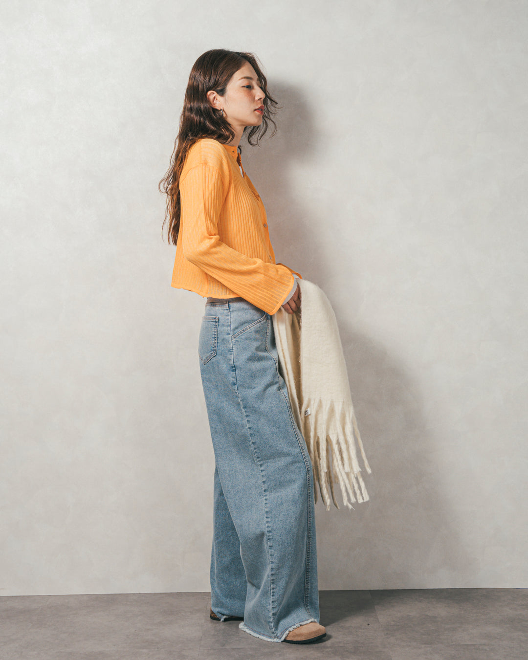 ［SET］フレアスリーブラメリブカーデ+センターシーム リラックスカラーデニム（2SET）