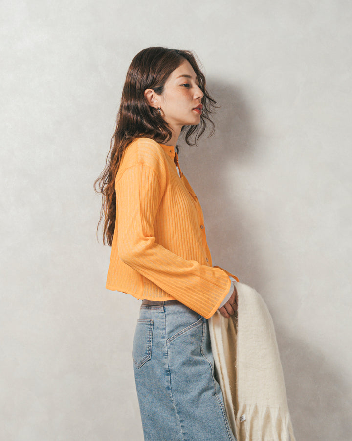 ［SET］フレアスリーブラメリブカーデ+センターシーム リラックスカラーデニム（2SET）