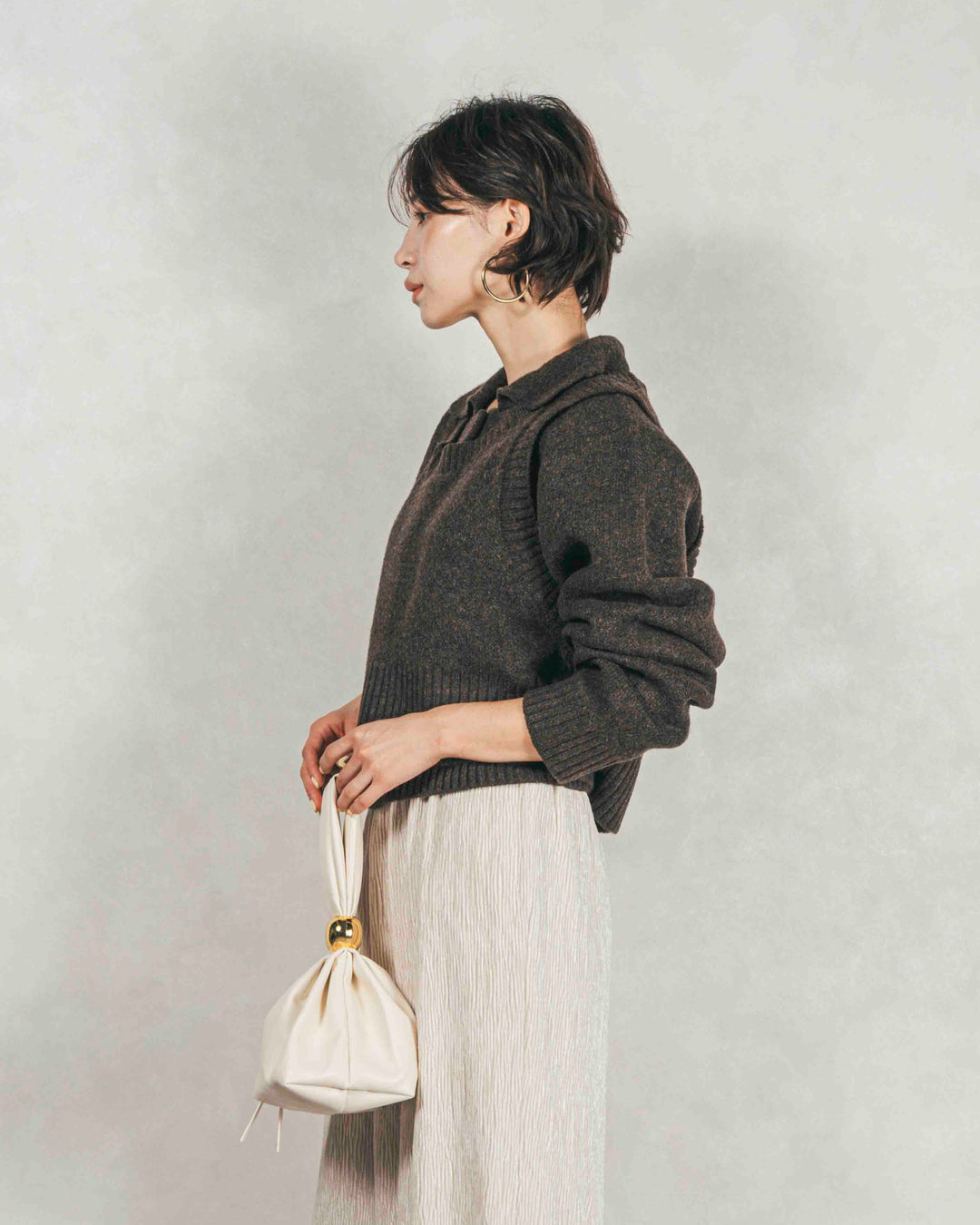 ［SET］Cloudyメランジ襟付きカーディガン+Cloudyメランジクロップドベスト+ベロアNarrowスカート（3SET）