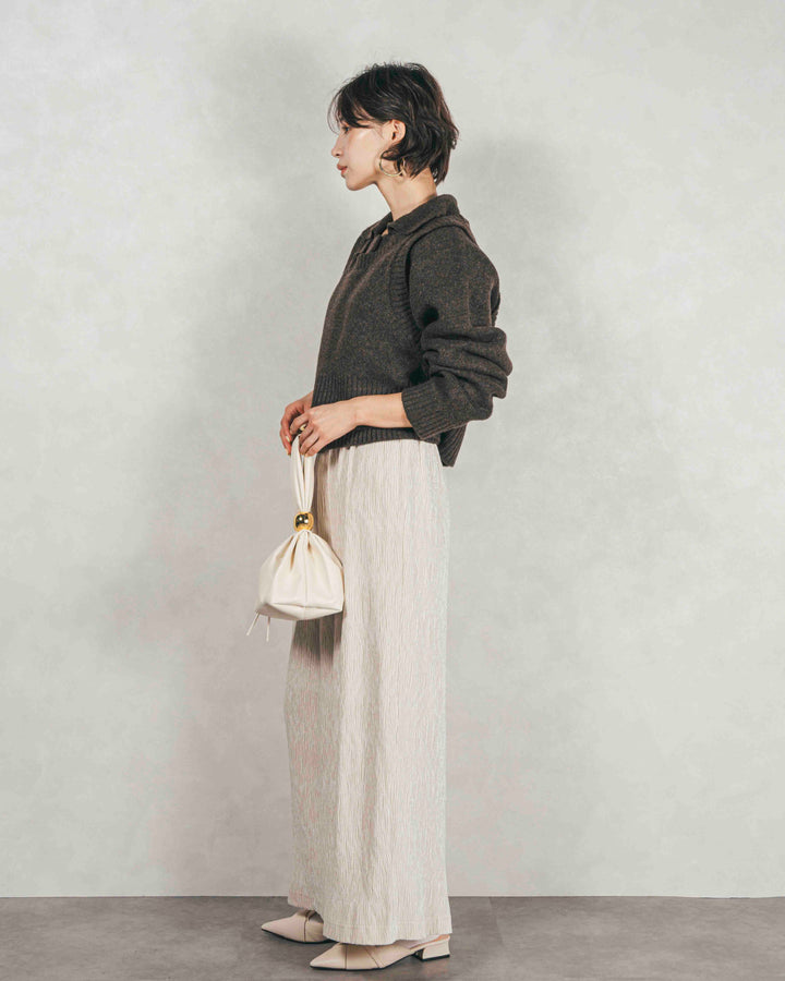 ［SET］Cloudyメランジ襟付きカーディガン+Cloudyメランジクロップドベスト+ベロアNarrowスカート（3SET）