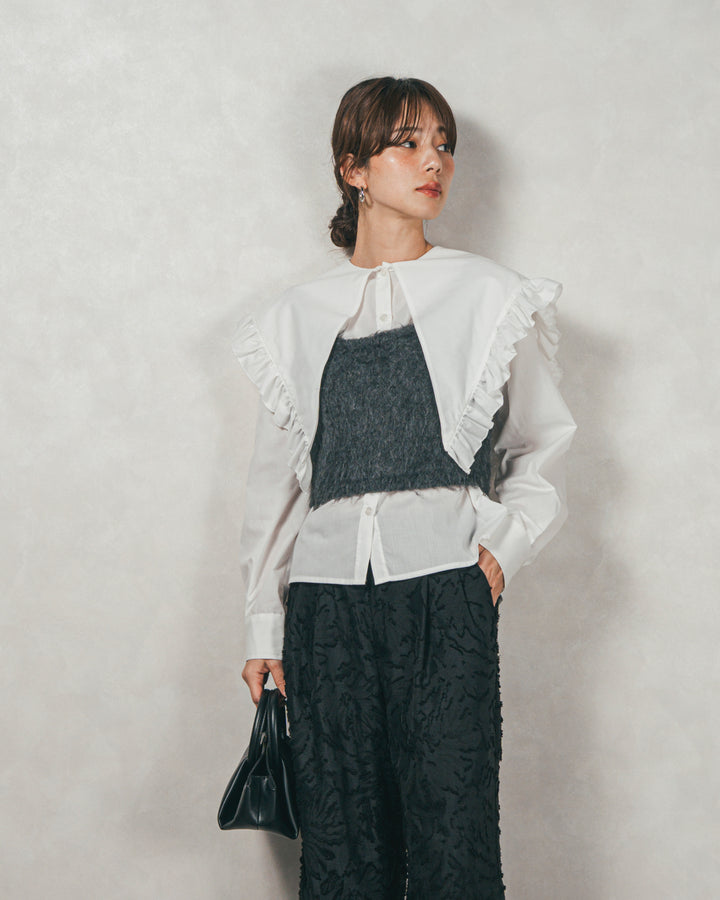 ［SET］2WAYビッグフリルカラーブラウス+モヘアタッチKnitビスチェ+フリンジジャガードリラックスパンツ（3SET）