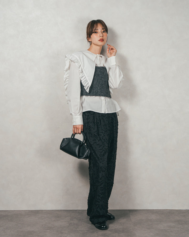 ［SET］2WAYビッグフリルカラーブラウス+モヘアタッチKnitビスチェ+フリンジジャガードリラックスパンツ（3SET）