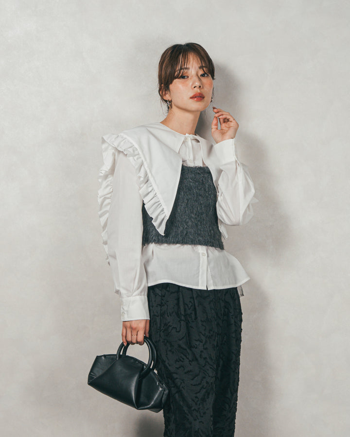 ［SET］2WAYビッグフリルカラーブラウス+モヘアタッチKnitビスチェ+フリンジジャガードリラックスパンツ（3SET）