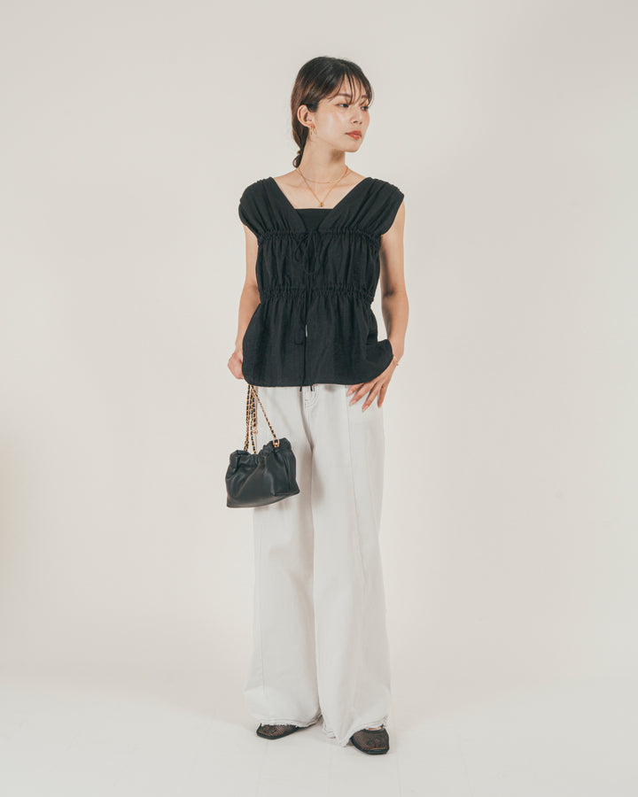 ［SET］リネンタッチShirringリボンブラウス + 10oz ニュアンスバイカラー リラックスワイドデニム（2SET）