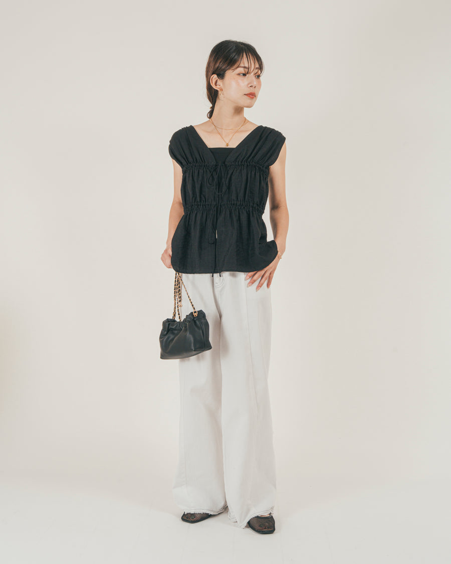 ［SET］リネンタッチShirringリボンブラウス + 10oz ニュアンスバイカラー リラックスワイドデニム（2SET）