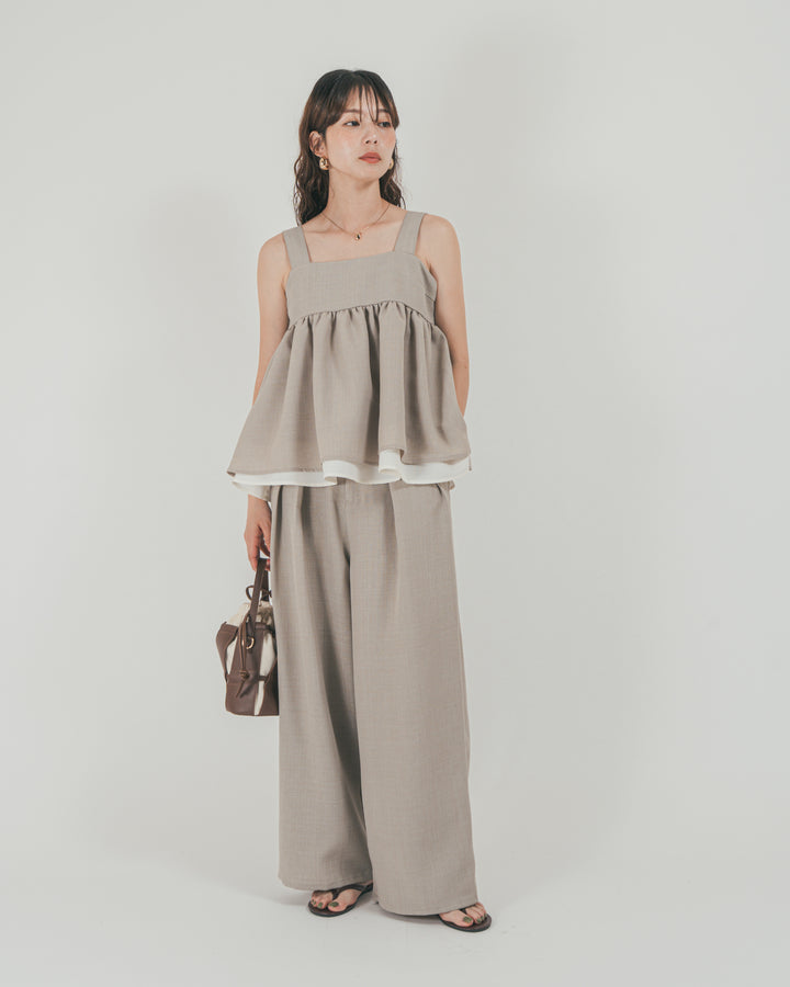 ［SET］スラブTweedバイカラーティアードキャミ + スラブTweedタックワイドパンツ（2SET）