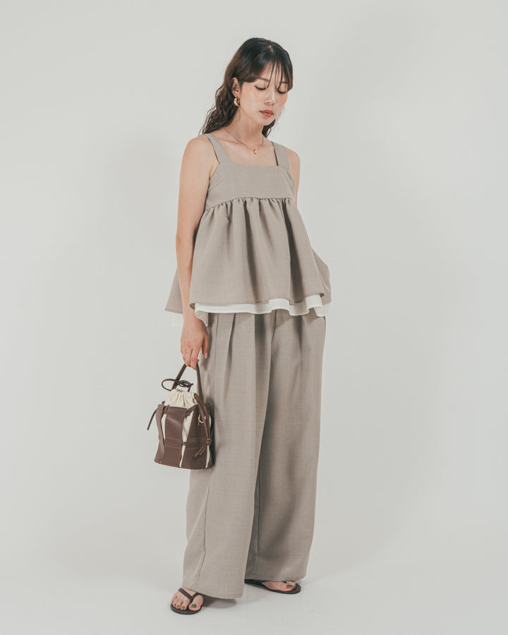 ［SET］スラブTweedバイカラーティアードキャミ + スラブTweedタックワイドパンツ（2SET）