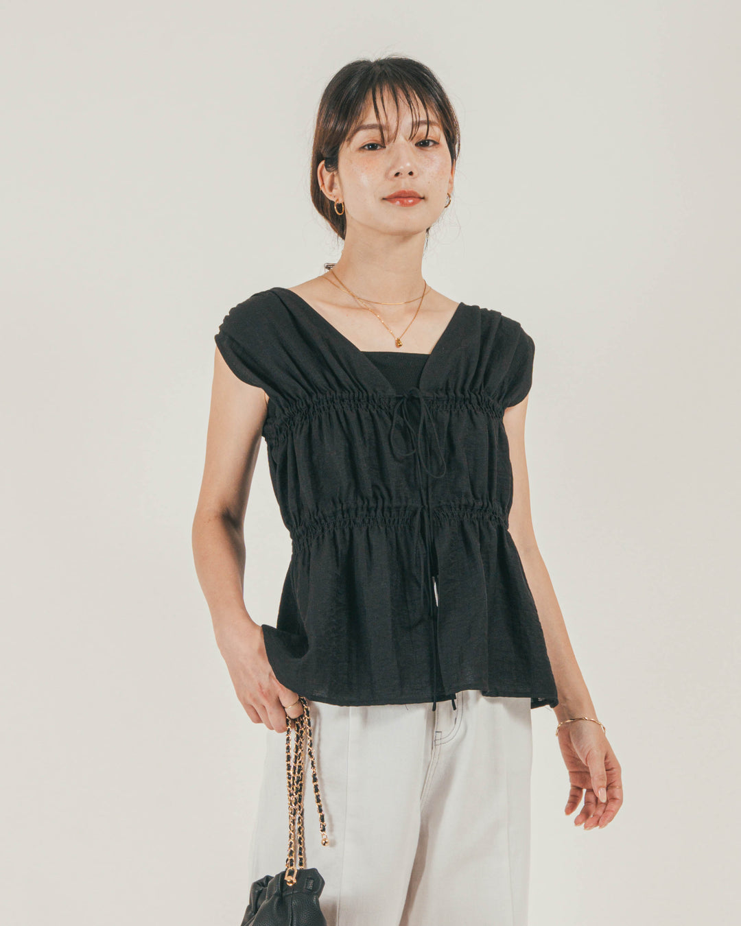 ［SET］リネンタッチShirringリボンブラウス + 10oz ニュアンスバイカラー リラックスワイドデニム（2SET）